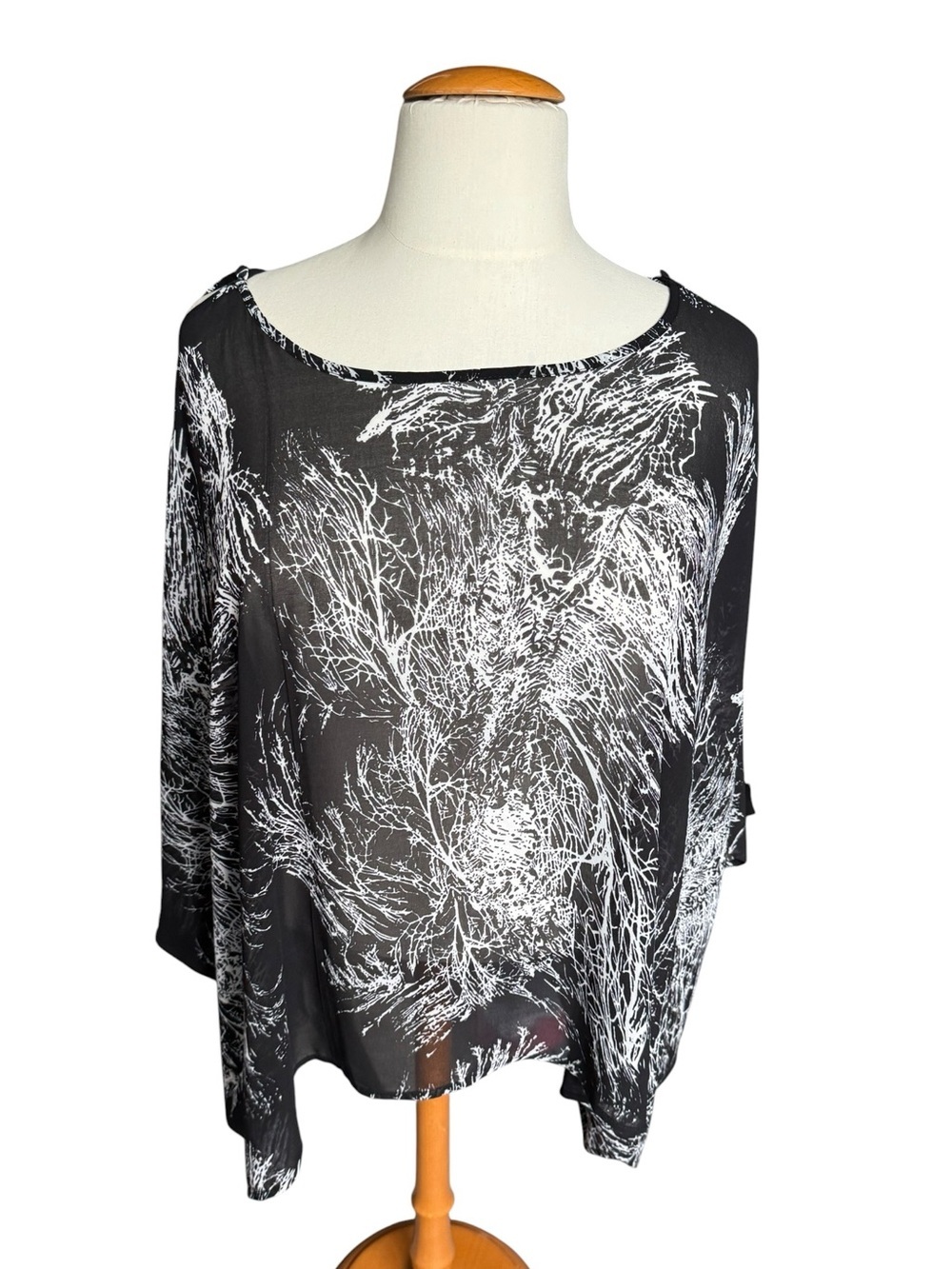 Umgee Plus 1XL Black Abstract Print Oversized Button Sleeve Boho Tunic Top Q74